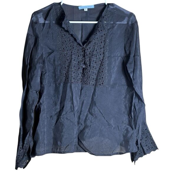 Johnny Was Black Crinkle Eyelet Sheer Blouse Long Sleeve Size Small 📦 - Picture 1 of 8